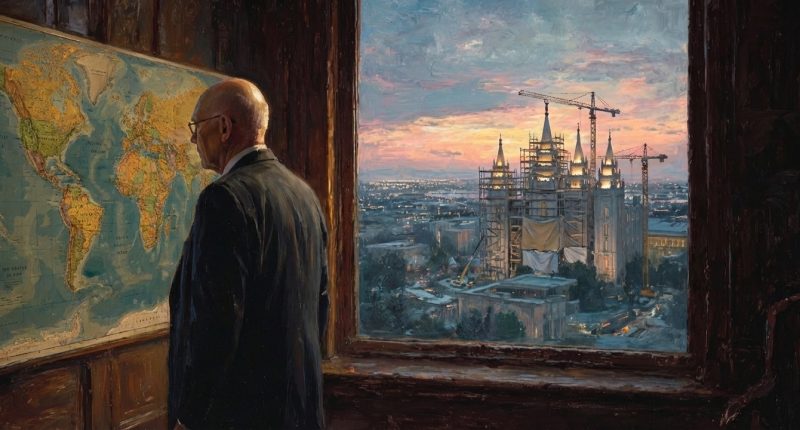 A leader in a quiet office beside a map, considering church political neutrality during a crisis.