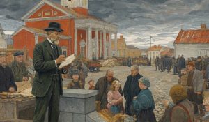 A colonial street preacher speaking in a marketplace evokes religious freedom and the spread of the gospel throughout the world.