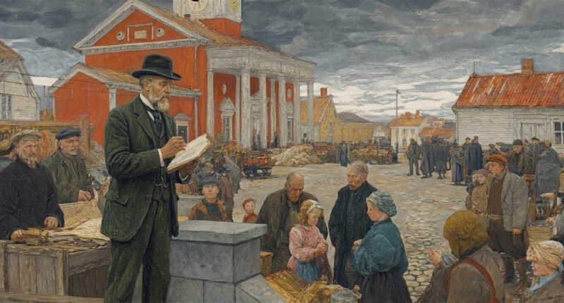 A colonial street preacher speaking in a marketplace evokes religious freedom and the spread of the gospel throughout the world.