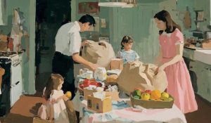 A family putting away groceries shows an ordinary material blessing connected to gratitude and God.