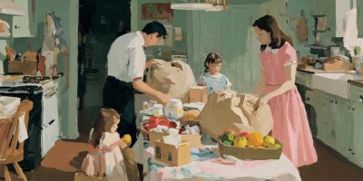 A family putting away groceries shows an ordinary material blessing connected to gratitude and God.