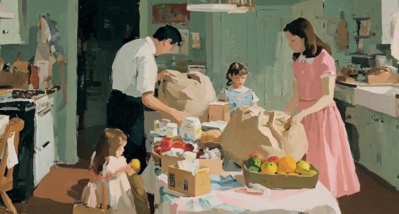 A family putting away groceries shows an ordinary material blessing connected to gratitude and God.