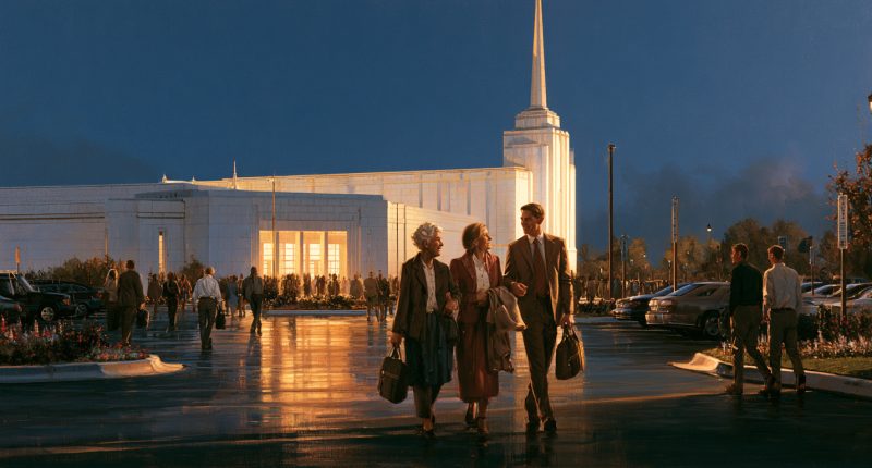 Three generations of Latter-day Saints leave the temple together after an evening session, reflecting how temple covenants shape ordinary faith and family life.