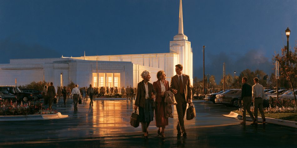 Three generations of Latter-day Saints leave the temple together after an evening session, reflecting how temple covenants shape ordinary faith and family life.