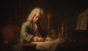 Handel writes by candlelight while composing Handel's Messiah.
