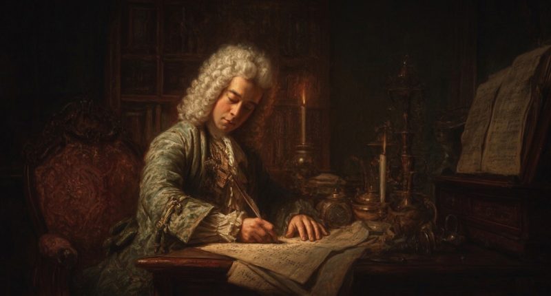 Handel writes by candlelight while composing Handel's Messiah.