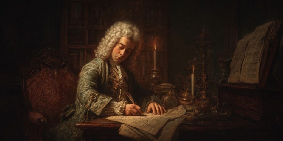 Handel writes by candlelight while composing Handel's Messiah.