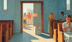 A woman prays in a chapel as others carry food for a food drive outside, showing worship and service as connected acts.