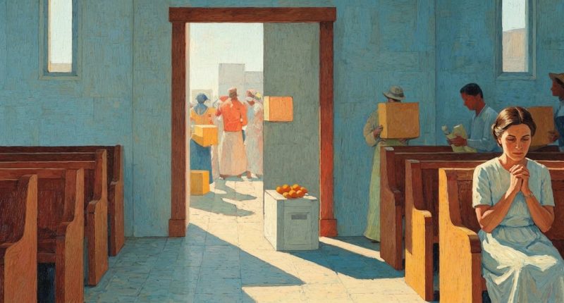 A woman prays in a chapel as others carry food for a food drive outside, showing worship and service as connected acts.