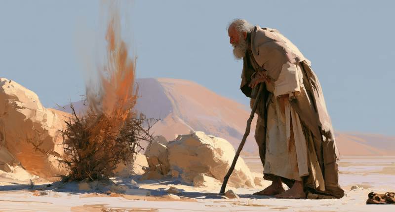 A painterly depiction of Moses before the burning bush illustrates a personal relationship with God.