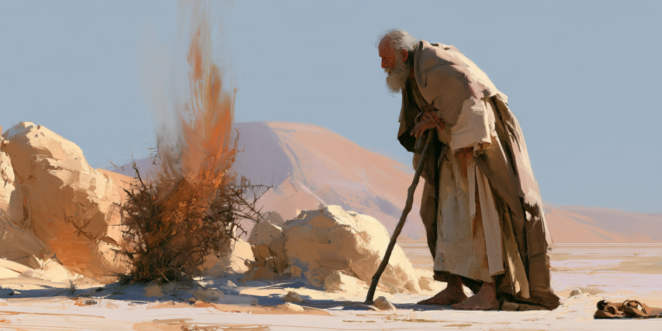 A painterly depiction of Moses before the burning bush illustrates a personal relationship with God.