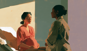 A pregnant woman consults her physician, reflecting the medical-care questions surrounding Idaho abortion law.