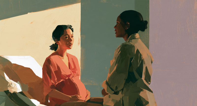A pregnant woman consults her physician, reflecting the medical-care questions surrounding Idaho abortion law.
