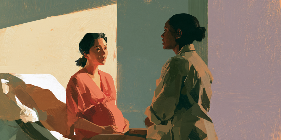 A pregnant woman consults her physician, reflecting the medical-care questions surrounding Idaho abortion law.