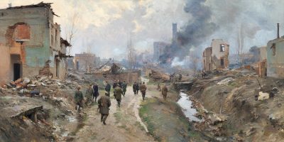 A shelled village street with collapsed walls, drifting smoke, and civilians running toward a shallow ditch as distant artillery flashes. Just War Theory centers the protection of noncombatants in war.