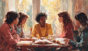 Five Christians sit around a table with open Bibles in warm, respectful conversation, reflecting the question are Latter-day Saints Christian.