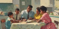 A young Black family gathers around the kitchen table studying from the scriptures, showing how families cope with racism through faith.