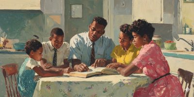 A young Black family gathers around the kitchen table studying from the scriptures, showing how families cope with racism through faith.