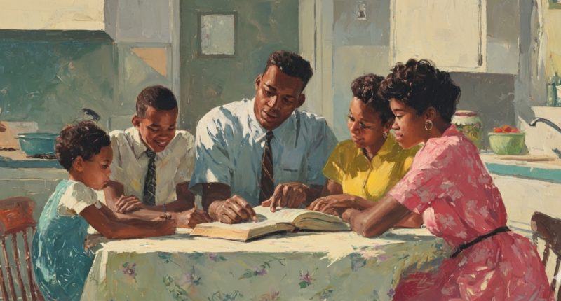 A young Black family gathers around the kitchen table studying from the scriptures, showing how families cope with racism through faith.