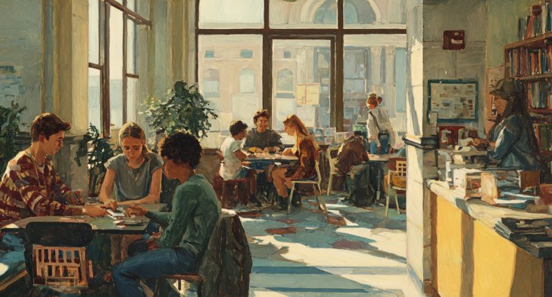 A public library after school, teens playing board games at a table, a phone basket on a counter, bookshelves behind, sunlight through windows, relaxed faces and conversation. Social media regulation pairs with offline institutions that make real community easier.