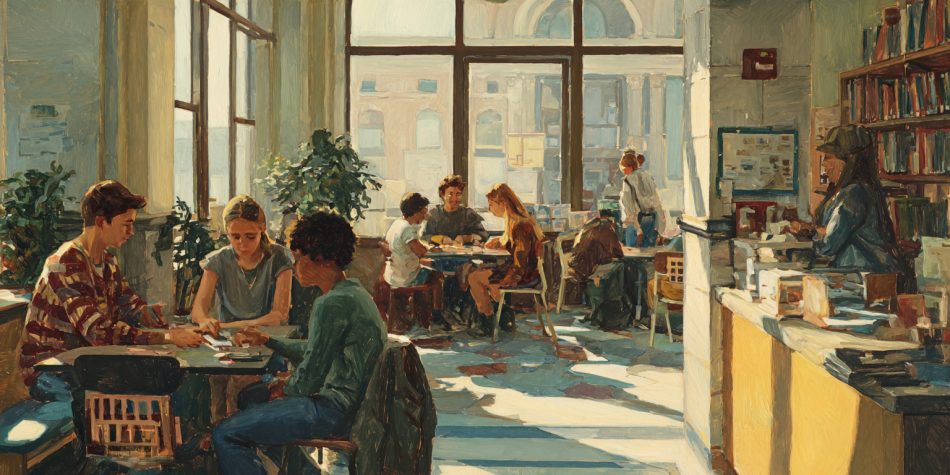 A public library after school, teens playing board games at a table, a phone basket on a counter, bookshelves behind, sunlight through windows, relaxed faces and conversation. Social media regulation pairs with offline institutions that make real community easier.