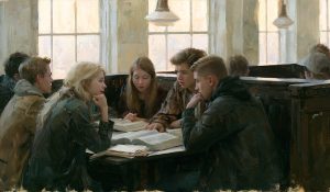 College students discuss open scriptures in a sunlit library, reflecting on love and law through study and conversation.