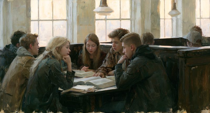 College students discuss open scriptures in a sunlit library, reflecting on love and law through study and conversation.