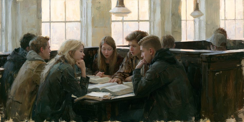 College students discuss open scriptures in a sunlit library, reflecting on love and law through study and conversation.