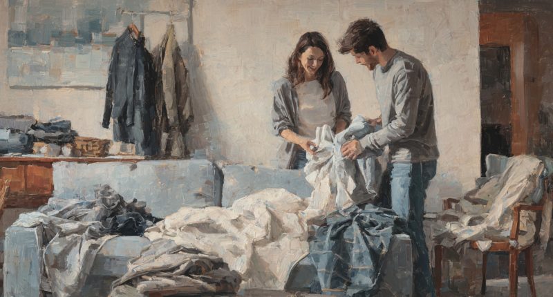 Two spouses in jeans and sweaters fold laundry together, laughing softly. Ordinary shared work shows how daily sacrifice strengthens commitment in marriage.