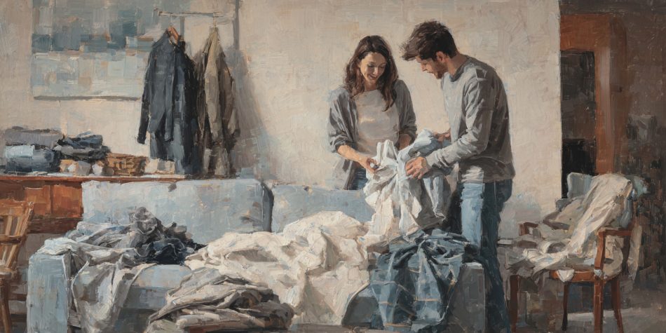 Two spouses in jeans and sweaters fold laundry together, laughing softly. Ordinary shared work shows how daily sacrifice strengthens commitment in marriage.