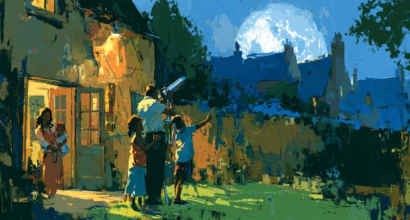 A family joyfully observes the moon through a backyard telescope, connecting faith, childhood wonder, and space exploration.