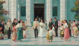 Japanese families gather on a temple plaza as a newly married couple exits, reflecting questions of identity and belonging central to the Mormon Stories lawsuit.