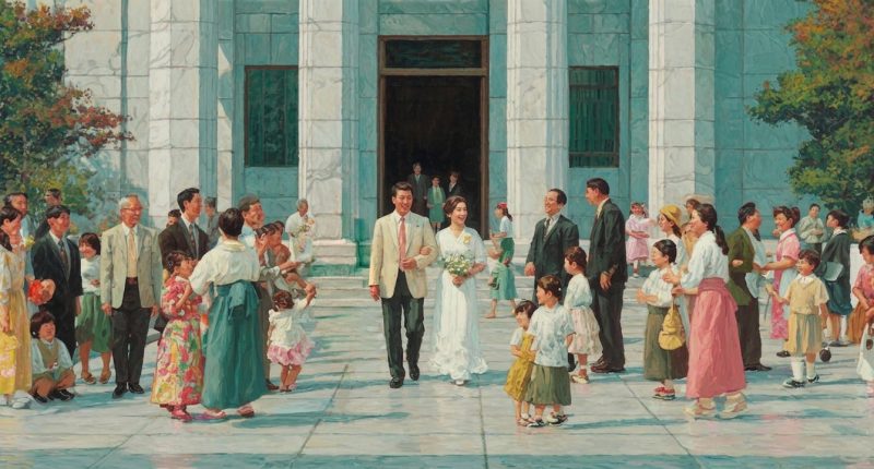 Japanese families gather on a temple plaza as a newly married couple exits, reflecting questions of identity and belonging central to the Mormon Stories lawsuit.