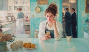 A young latter-day saint mom sits in her kitchen reads an article reflecting anti-mormon media bias on her phone.