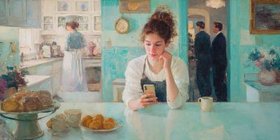 A young latter-day saint mom sits in her kitchen reads an article reflecting anti-mormon media bias on her phone.