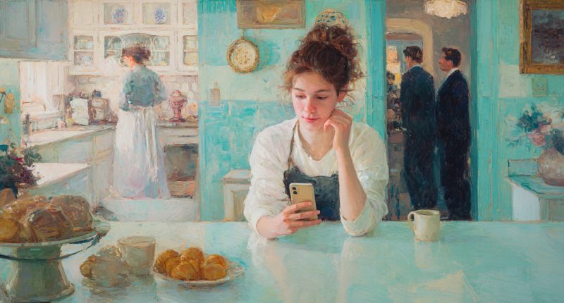 A young latter-day saint mom sits in her kitchen reads an article reflecting anti-mormon media bias on her phone.