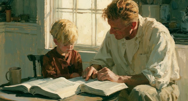 A father and child reflect on the nature of God through scripture study, reflecting the latter-day saint answer to the question 