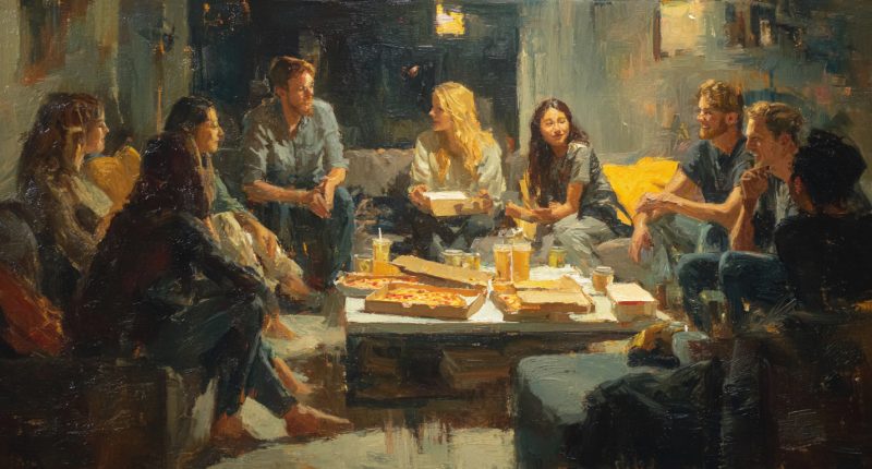 Friends together discussion current events, illustrating the ability of people to overcome political division in America.