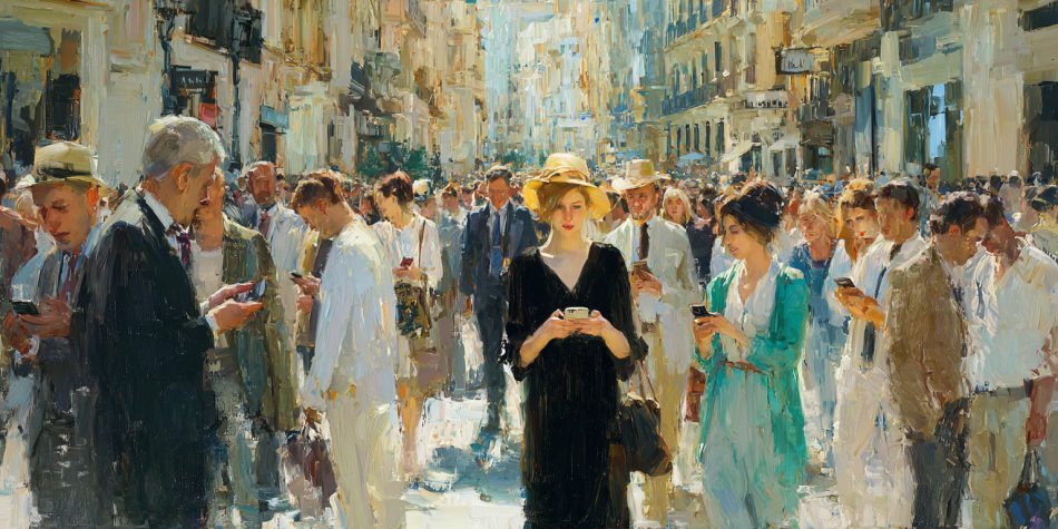 A calm figure in a tense crowd contrasts Christlike peace with outrage culture.