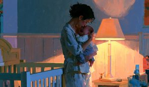 An exhausted mother holds a crying baby at night in a cheerful nursery, depicting prayer and parenting during sleeplessness.