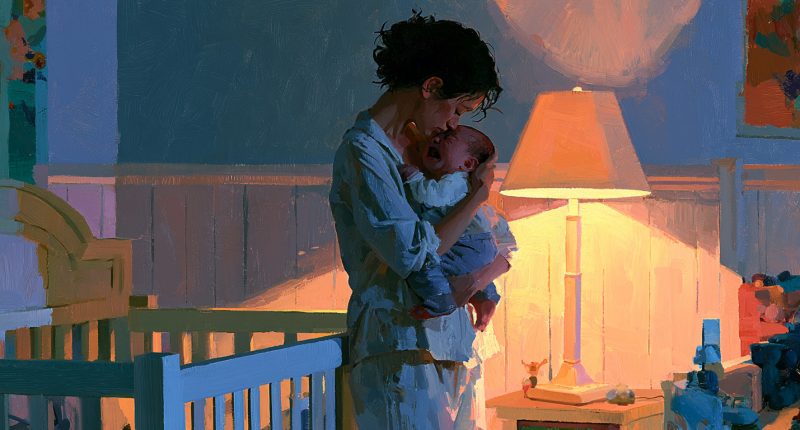 An exhausted mother holds a crying baby at night in a cheerful nursery, depicting prayer and parenting during sleeplessness.