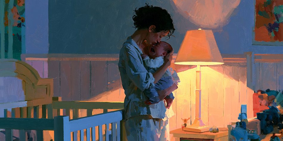 An exhausted mother holds a crying baby at night in a cheerful nursery, depicting prayer and parenting during sleeplessness.