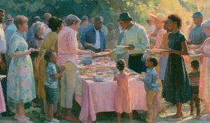 Multiracial neighbors and children share food and laughter in a scene of Christian peacemaking.