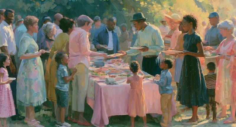 Multiracial neighbors and children share food and laughter in a scene of Christian peacemaking.