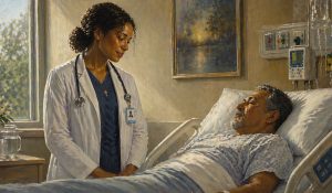 A physician stands beside a patient, representing conscience protections in ethical health care.