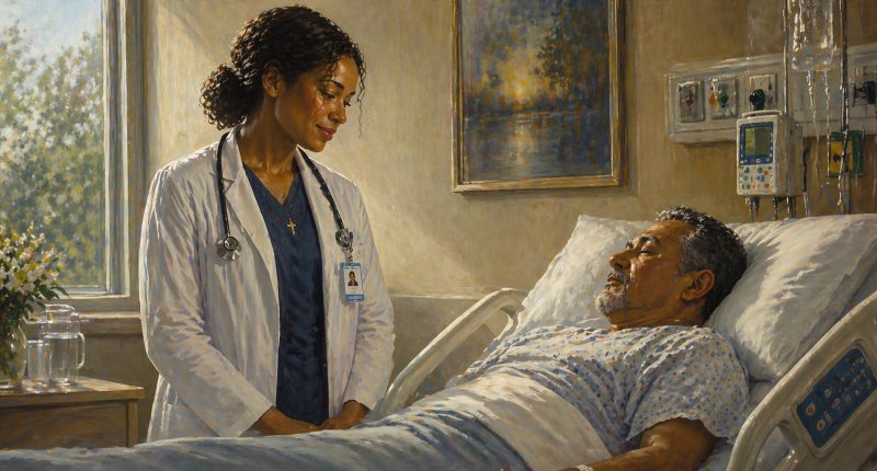 A physician stands beside a patient, representing conscience protections in ethical health care.