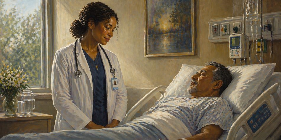 A physician stands beside a patient, representing conscience protections in ethical health care.