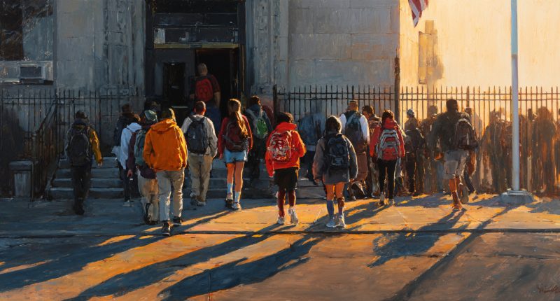 Students gather outside a public school entrance, representing Religion in public schools and civic pluralism.