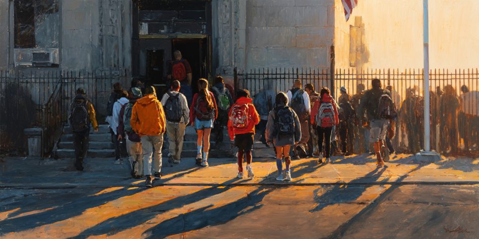 Students gather outside a public school entrance, representing Religion in public schools and civic pluralism.