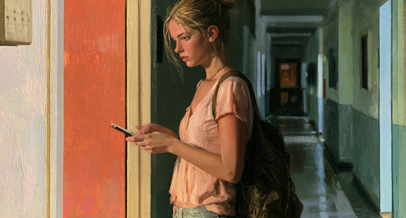 A college student pauses outside a dorm-room door, illustrating the human stakes of preventing sexual violence.